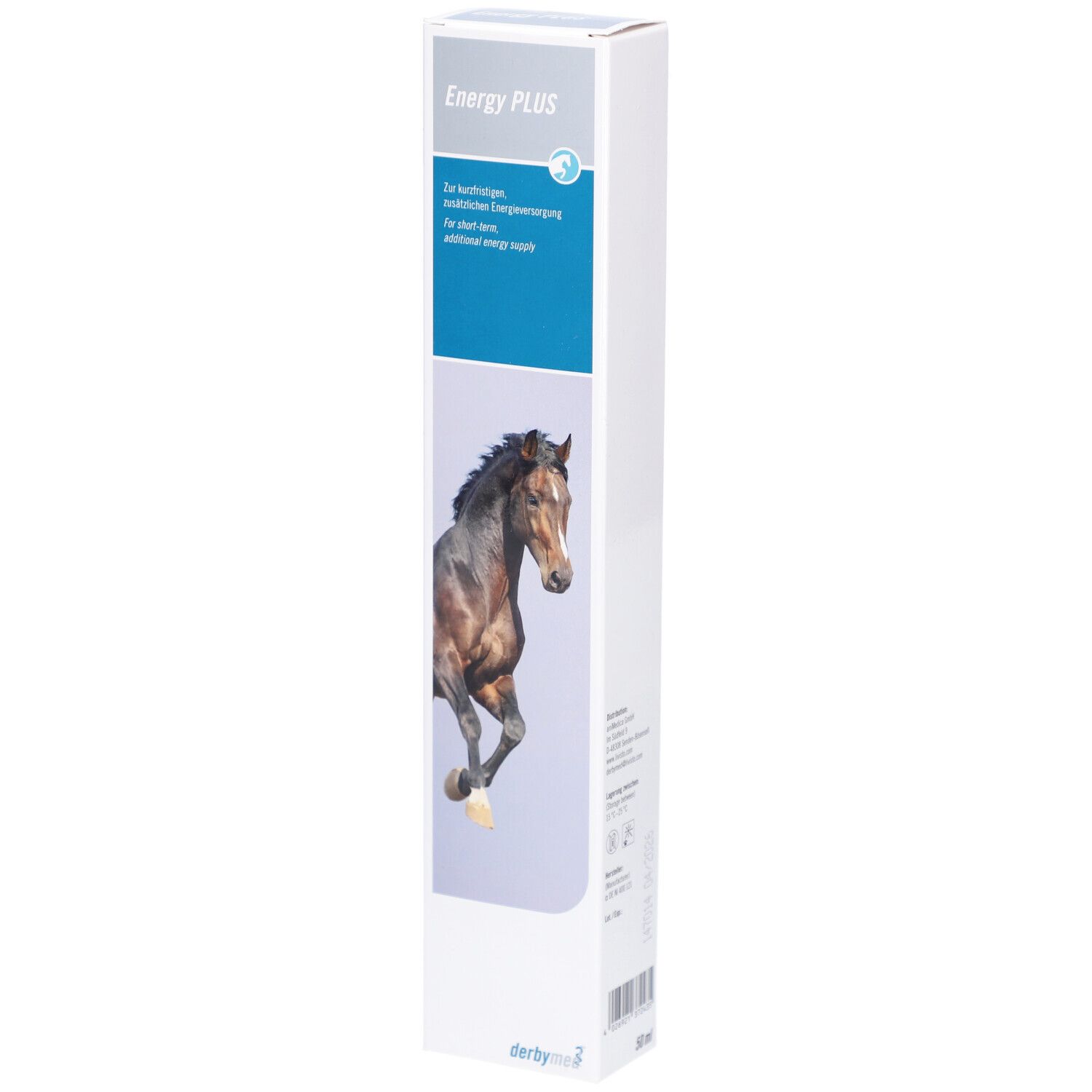 Schachtel mit "Energy PLUS" und einem Pferd. Text: "Zur kurzfristigen Energieversorgung". Marke: derbymed.