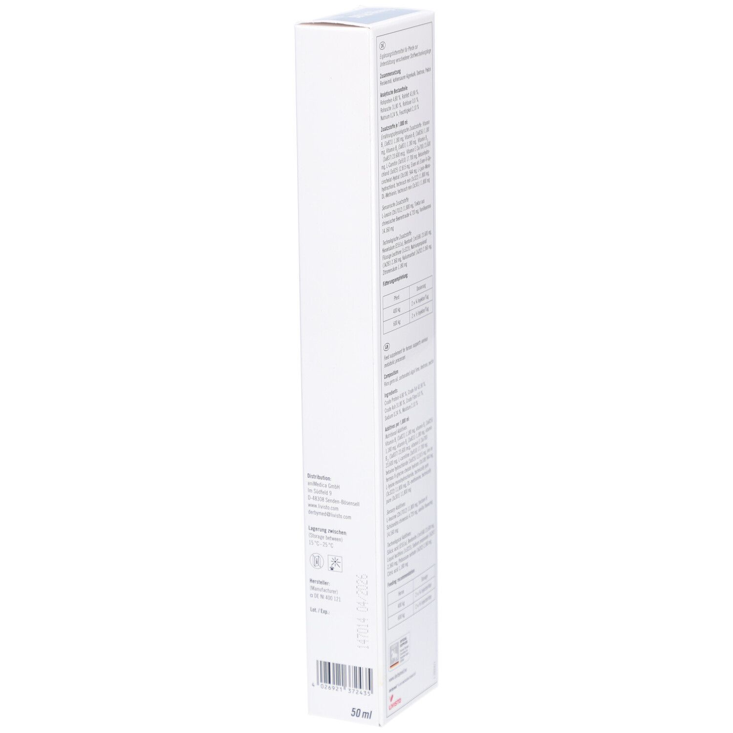 Weiße Schachtel mit Text. Enthält Informationen. Unten: 50 ml. Marke: derbymed.