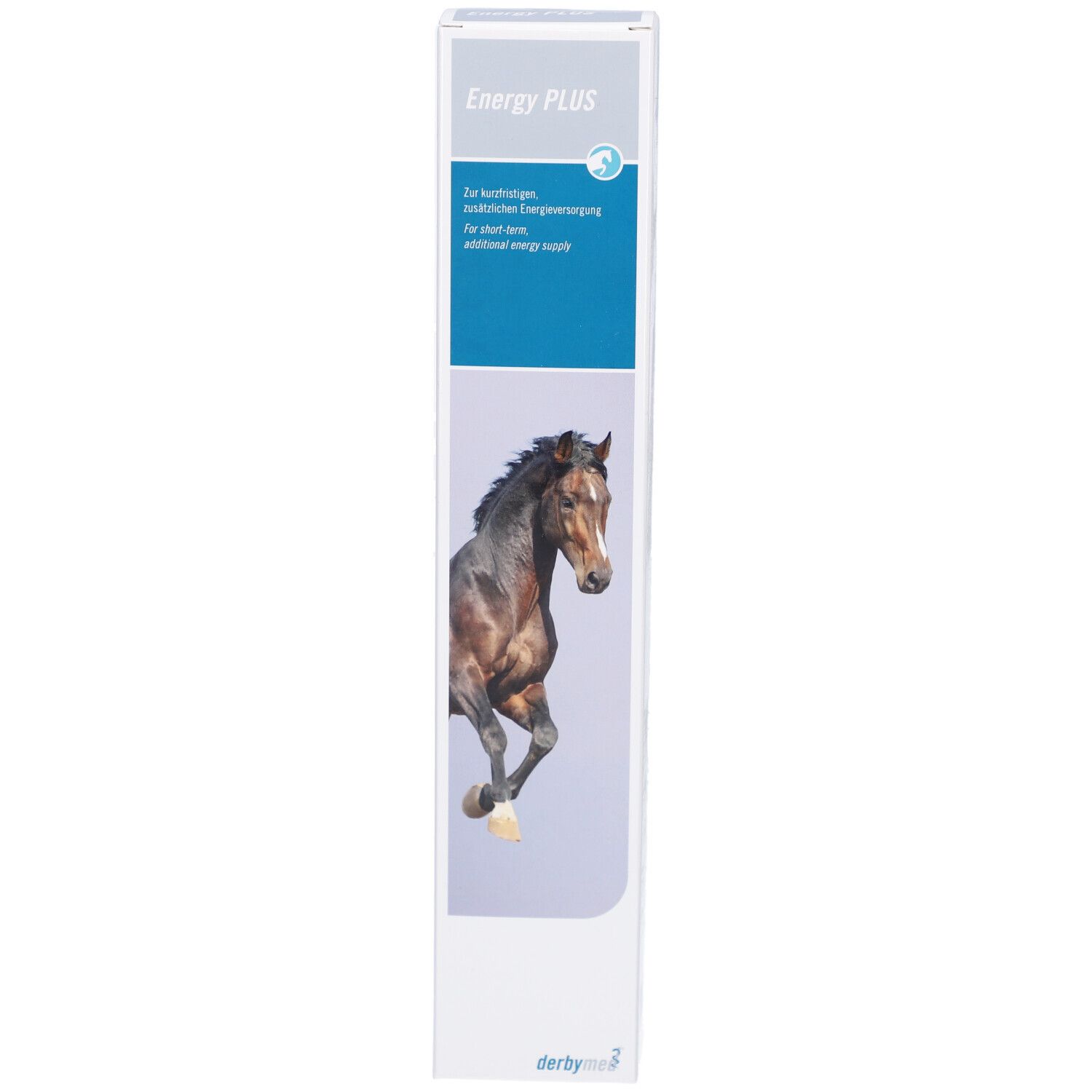 Schachtel mit "Energy PLUS" und einem Pferd. Text: "Zur kurzfristigen Energieversorgung". Marke: derbymed.