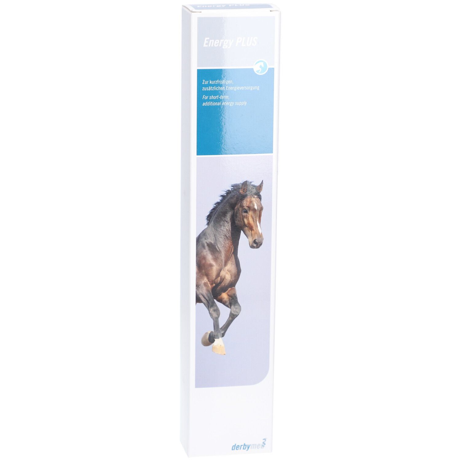 Schachtel mit "Energy PLUS" und einem Pferd. Blaue und weiße Farbgebung. Marke: derbymed.