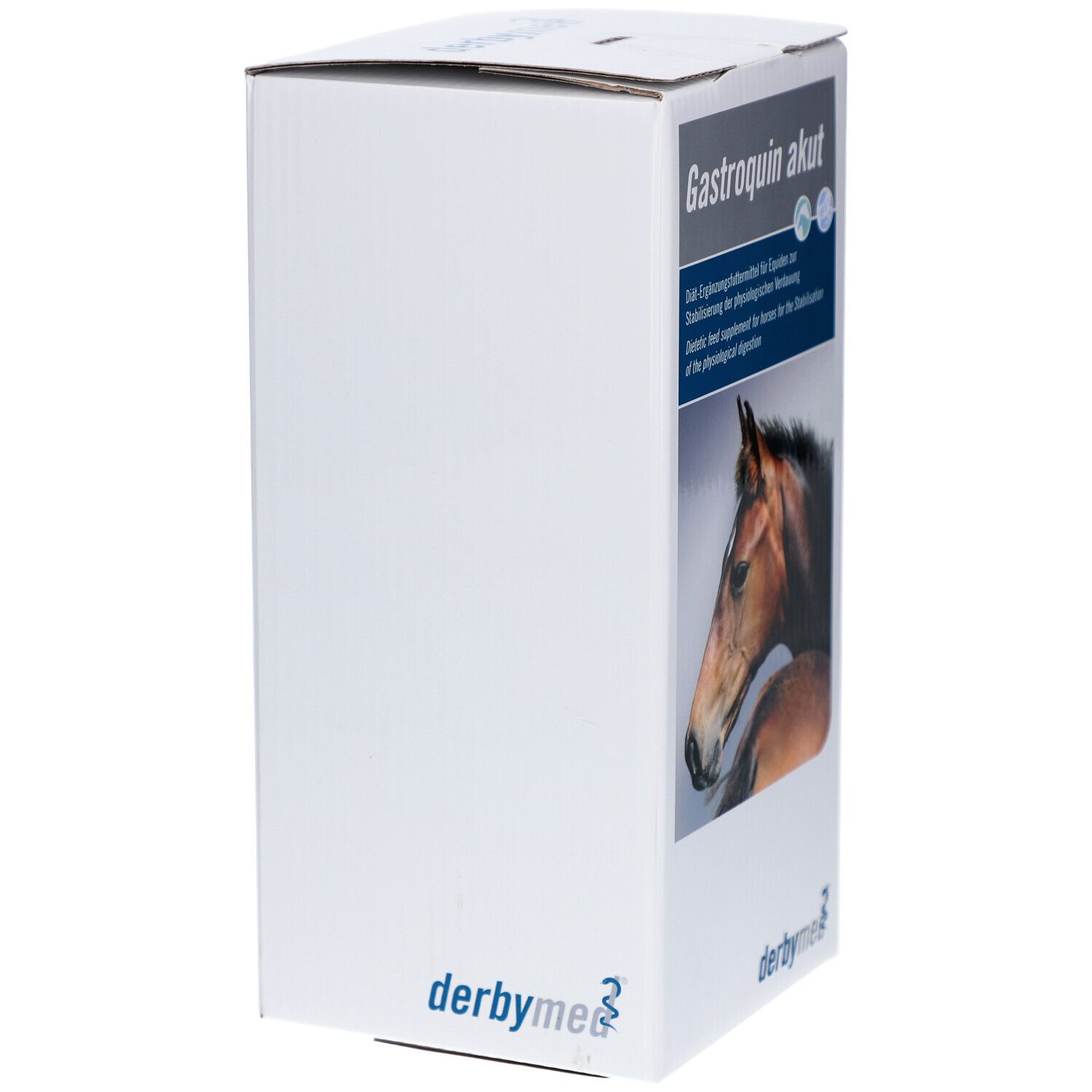 Weißer Karton mit Produktaufdruck. Aufdruck: Gastroquin akut, Pferdekopf, derby med Logo.
