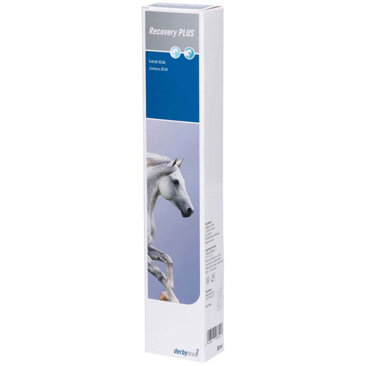 Schachtel mit Produktabbildung. Blauer Streifen mit "Recovery PLUS" und Pferd. Enthält BCAAs. Marke: Derbymed.