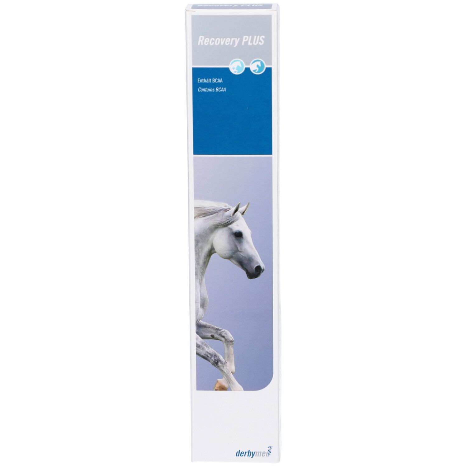 Schachtel mit Produktabbildung. Blauer Streifen mit "Recovery PLUS" und Pferd. Enthält BCAAs. Marke: Derbymed.