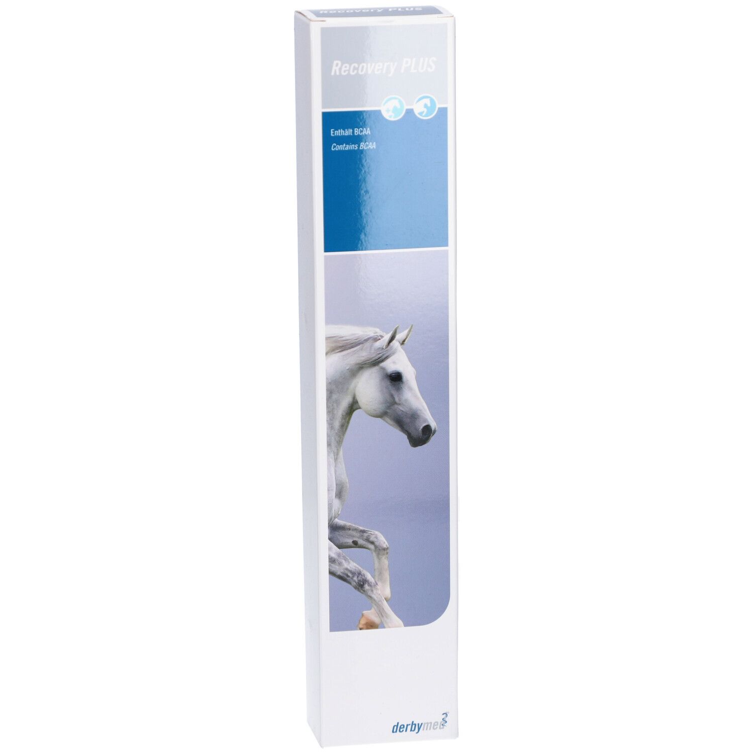 Schachtel mit Produktabbildung. Blauer Streifen mit "Recovery PLUS" und Pferd. Enthält BCAAs. Marke: Derbymed.