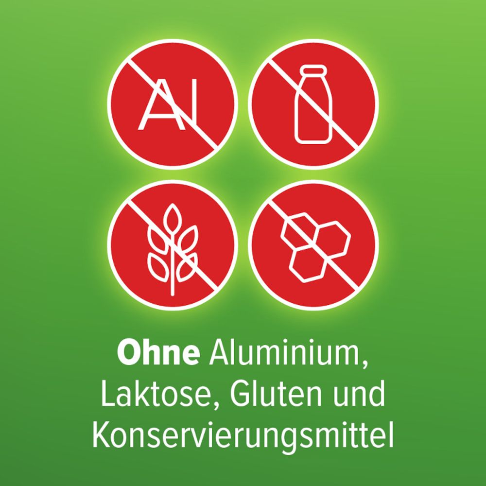 Vier Icons: Ohne Aluminium, Laktose, Gluten und Konservierungsmittel. Roter Hintergrund.