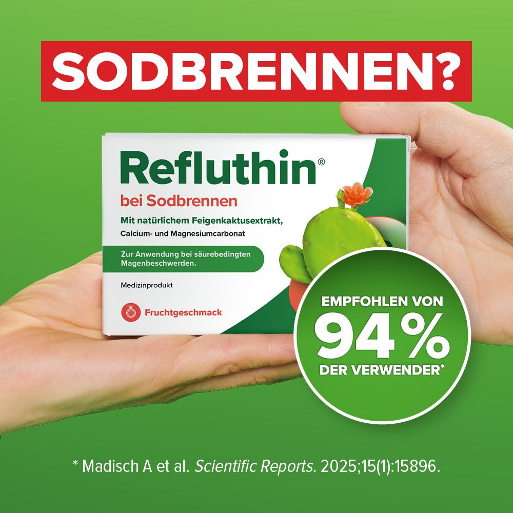 Refluthin® bei Sodbrennen - Minzgeschmack - Schnelle Hilfe bei Reflux - Schützt die Speiseröhre - gut verträglich