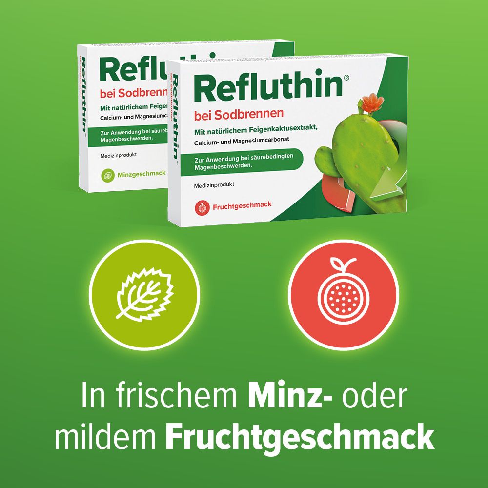 Zwei Schachteln Refluthin® bei Sodbrennen. Text: In frischem Minz- oder mildem Fruchtgeschmack. Symbole: Minze und Granatapfel.