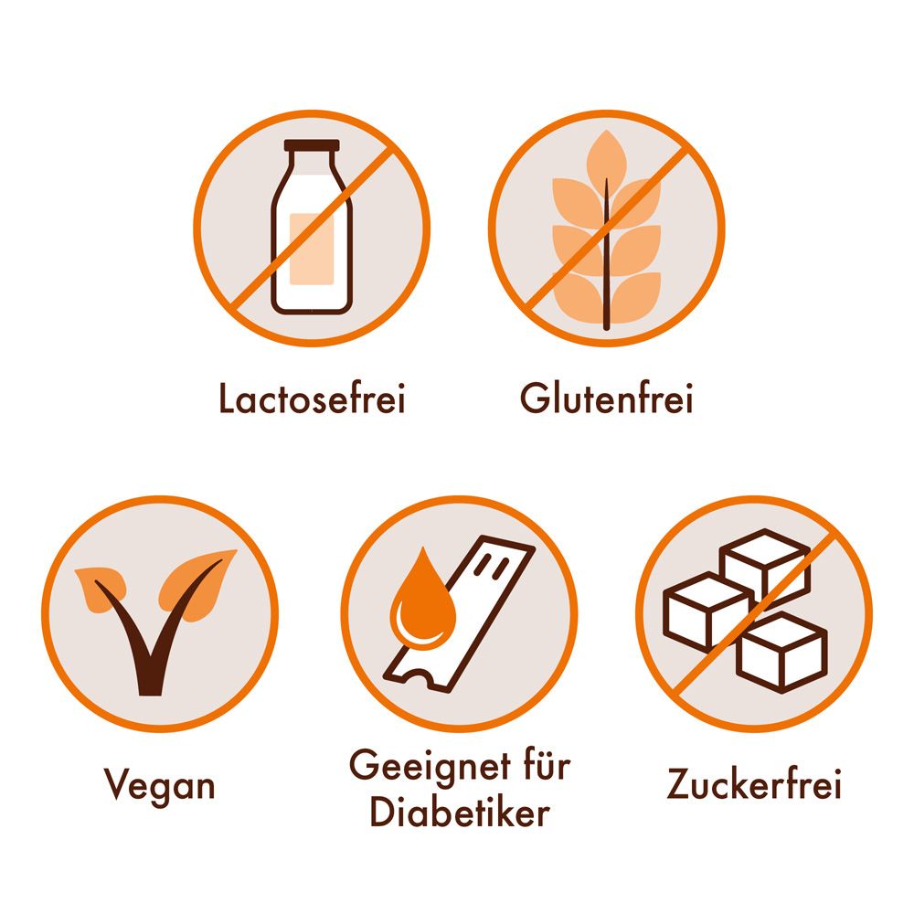 Symbole: Laktosefrei, Glutenfrei, Vegan, Geeignet für Diabetiker, Zuckerfrei.