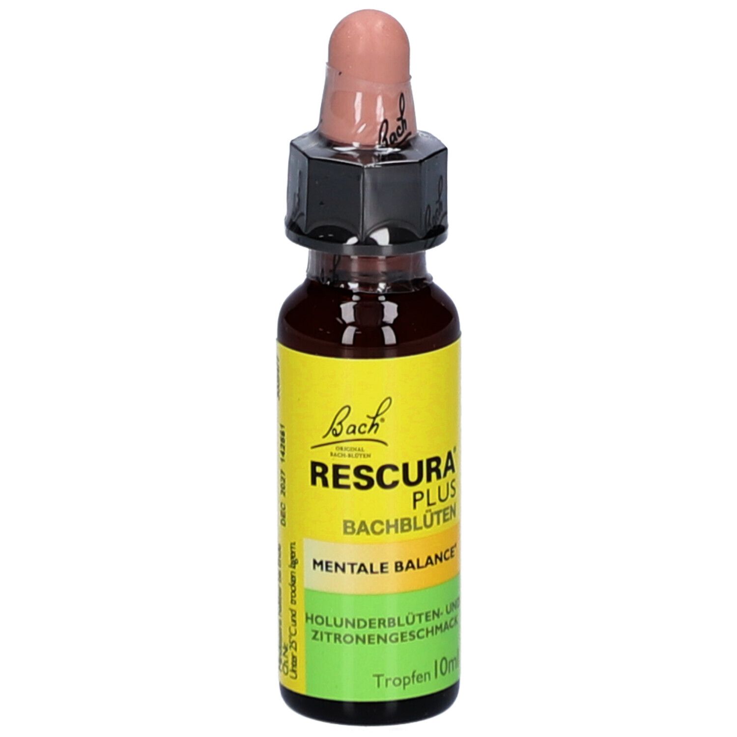 Braune Glasflasche mit Tropfer. Gelbes Etikett mit Produktnamen, Bachblüten und Mentale Balance. Rosa Kappe.