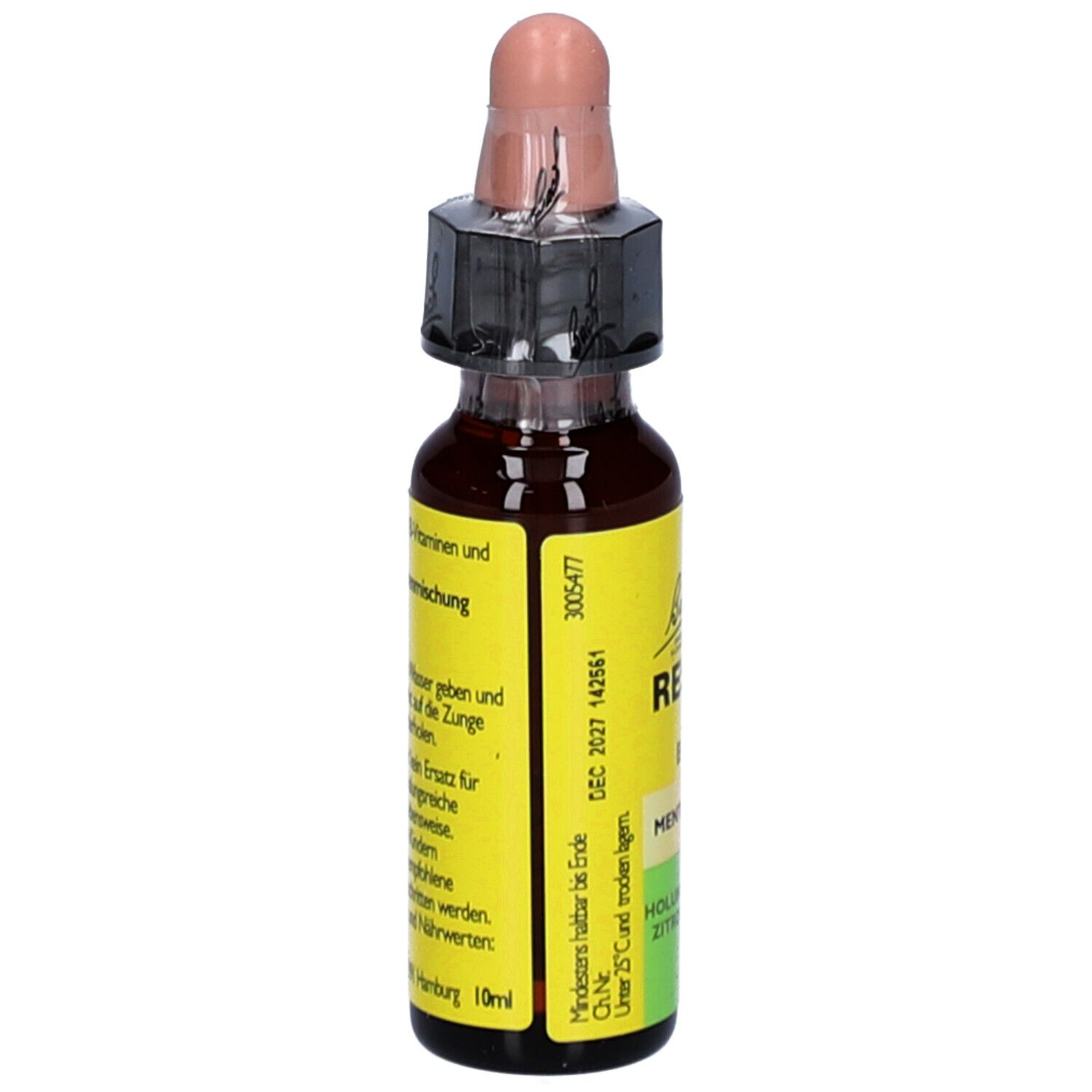 Braune Glasflasche mit Tropfer. Gelbes Etikett mit Produktinformationen. Rosa Kappe. Mindesthaltbarkeitsdatum.