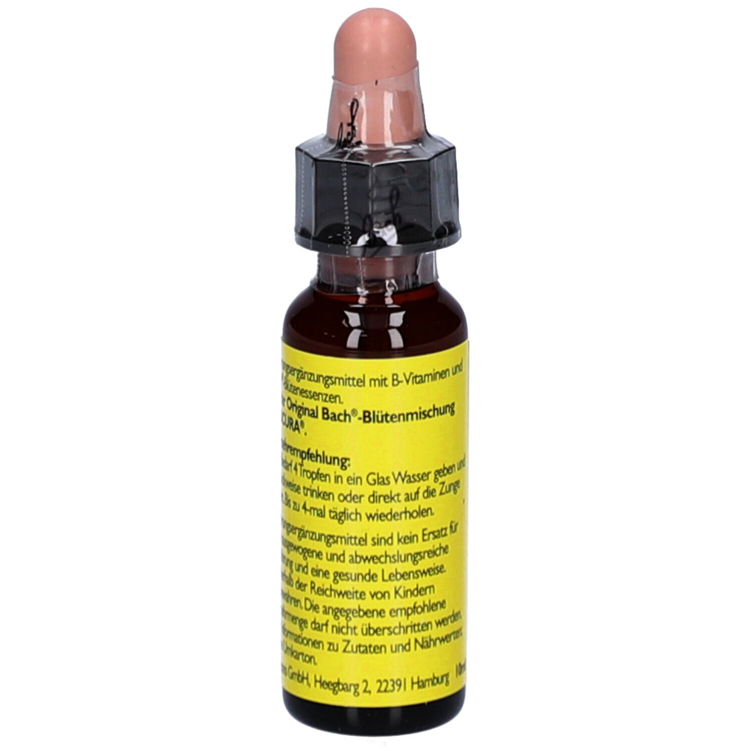Braune Glasflasche mit Tropfer. Gelbes Etikett mit Produktinformationen. Rosa Kappe. Text über B-Vitamine und Anwendung.