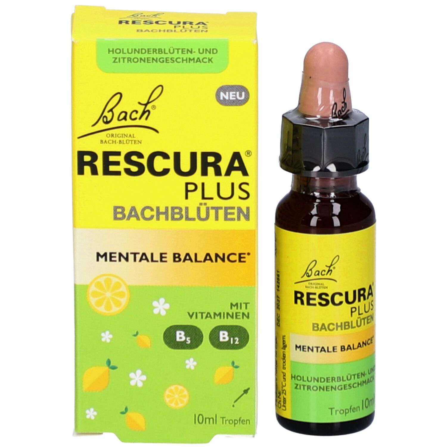 Produktflasche und Verpackung. Gelbe Verpackung mit Produktnamen, Bachblüten und Mentale Balance. Flasche mit Tropfer.