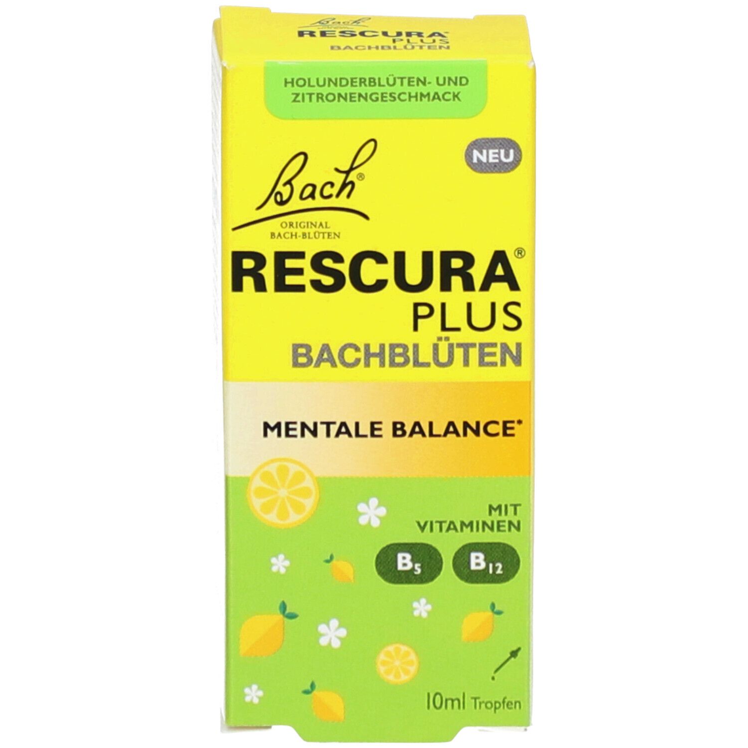 Gelbe Verpackung mit Produktnamen, Bachblüten und Mentale Balance. Mit Vitaminen B5 und B12. Zitrone-Design.