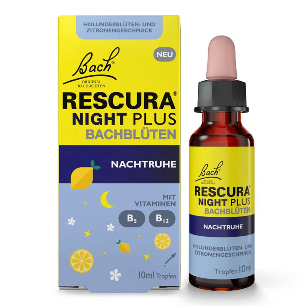Bach RESCURA NIGHT PLUS Bachblüten Tropfen. Flasche und Schachtel. Aufschrift: Nachtruhe, B-Vitamine, Holunderblüten- und Zitronengeschmack.