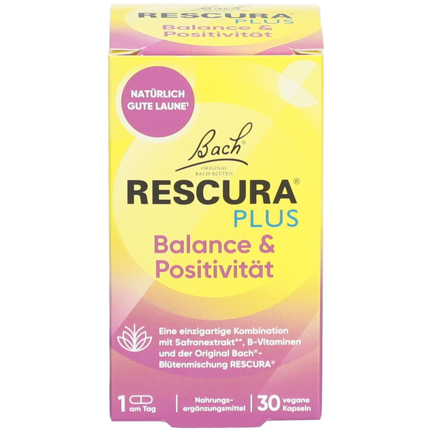 Produktverpackung mit Produktnamen, Logo und Inhaltsangaben. Gelbe Verpackung mit weißem Text und lila Akzenten.