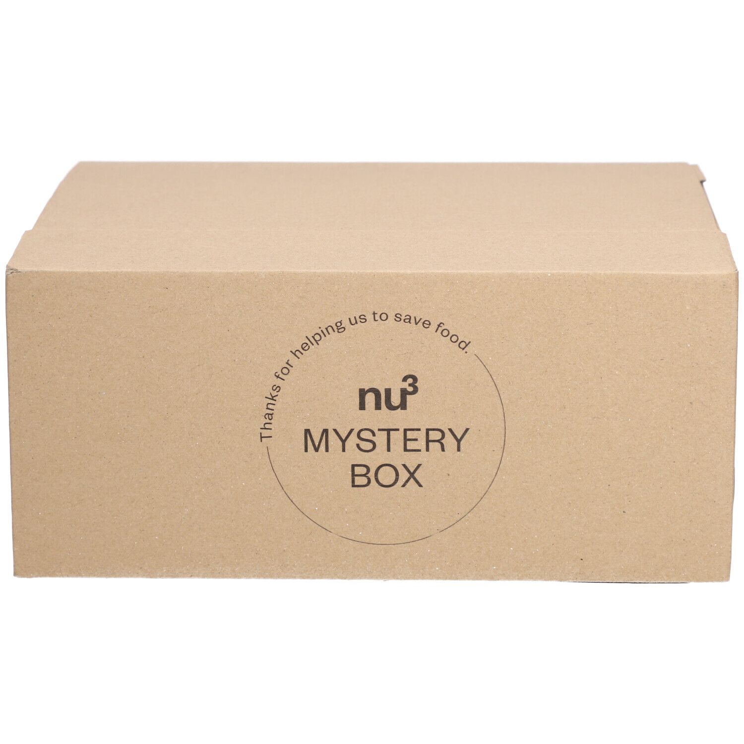 Boîte en carton marron avec le logo nu3 et l'inscription "MYSTERY BOX". Inscription "Thanks for helping us to save food".