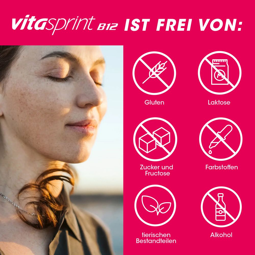 Frau mit geschlossenen Augen. Text: Vitasprint B12 ist frei von: Gluten, Laktose, Zucker, Fructose, Farbstoffen, tierischen Bestandteilen, Alkohol.