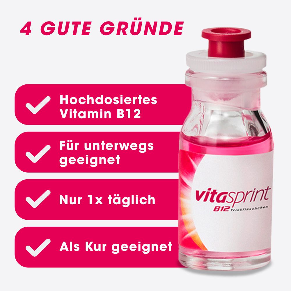 Vitasprint B12 Trinkfläschchen. Text: Hochdosiertes Vitamin B12, Für unterwegs geeignet, Nur 1x täglich, Als Kur geeignet.