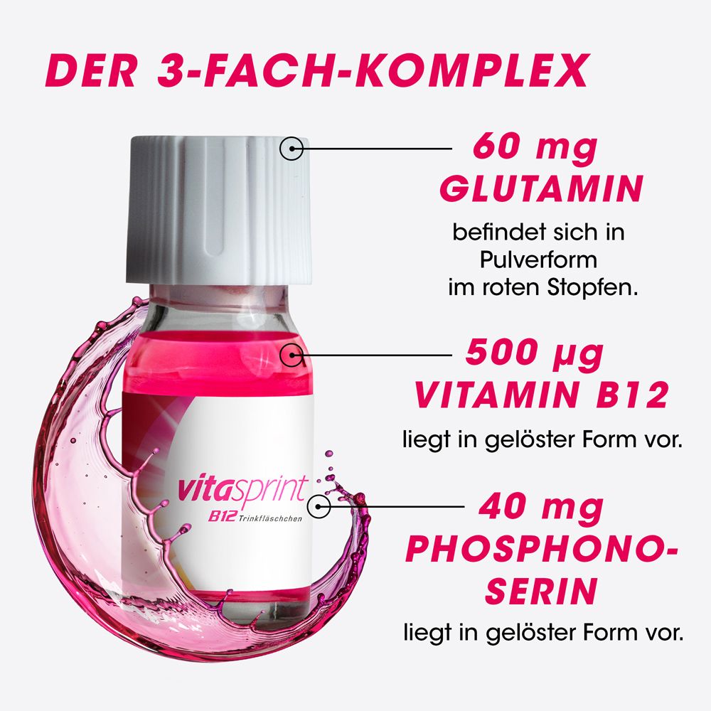 Abbildung einer Vitasprint B12 Trinkfläschchen. Beschriftung: 60 mg Glutamin, 500 µg Vitamin B12, 40 mg Phosphonoserin.