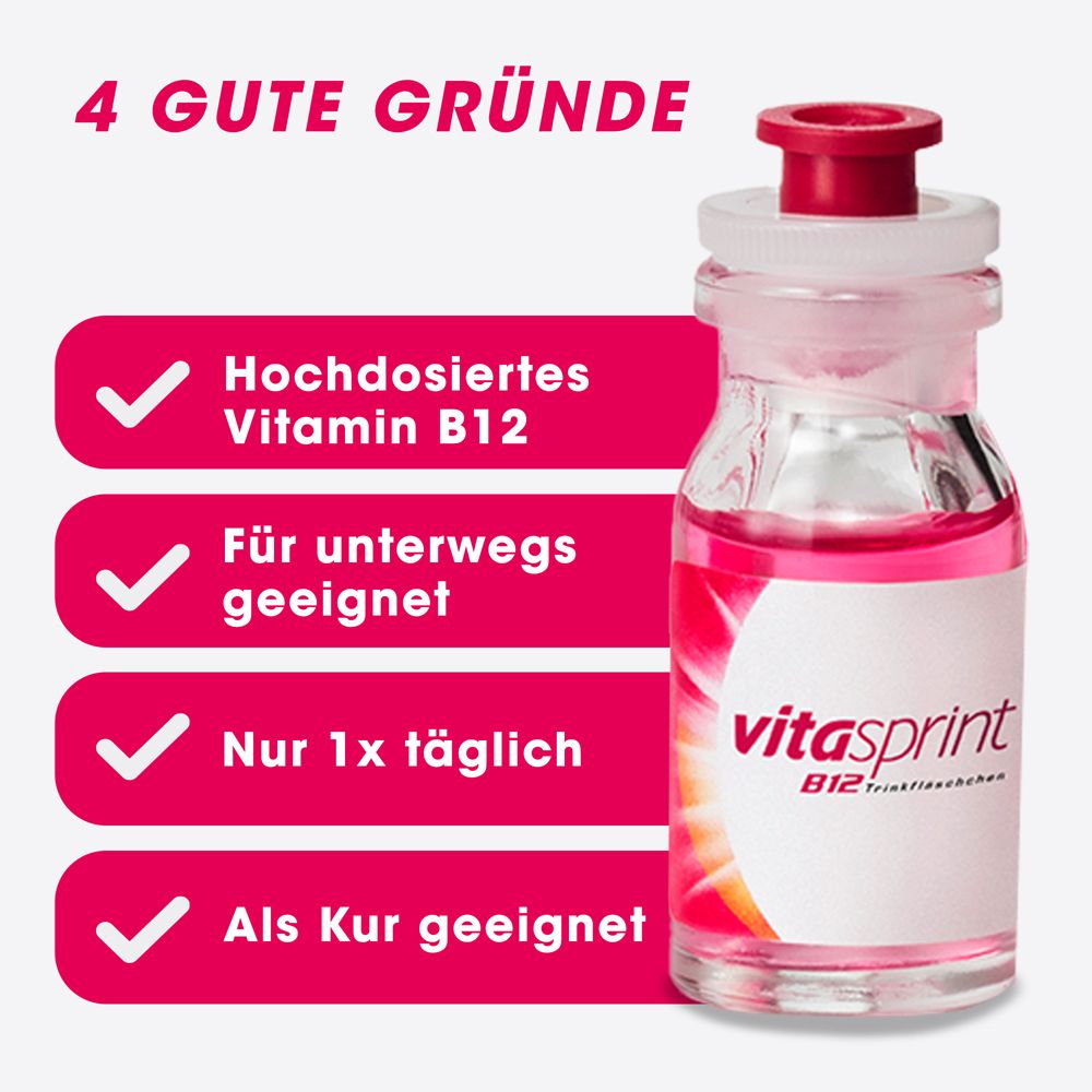 Vitasprint B12 Trinkfläschchen mit roter Flüssigkeit. Text: Hochdosiertes Vitamin B12, für unterwegs geeignet, nur 1x täglich, als Kur geeignet.