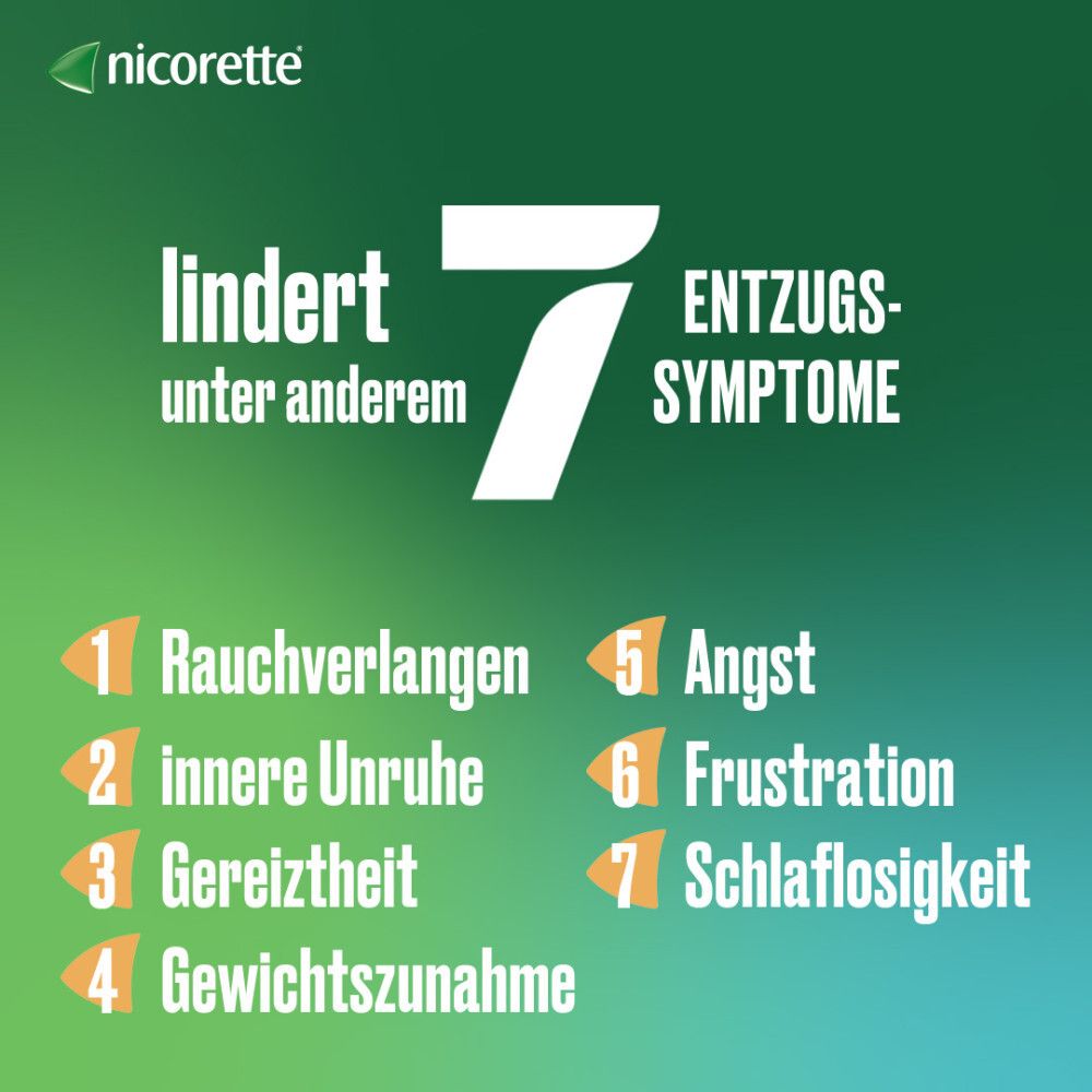 Grüner Hintergrund mit Text: "lindert unter anderem 7 ENTZUGSSYMPTOME". Aufzählung von Symptomen.