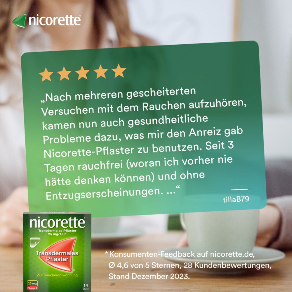 Zitattafel mit Text und Produktabbildung. Text: "Transdermales Pflaster 25 mg/16 h". Sterne-Bewertung.