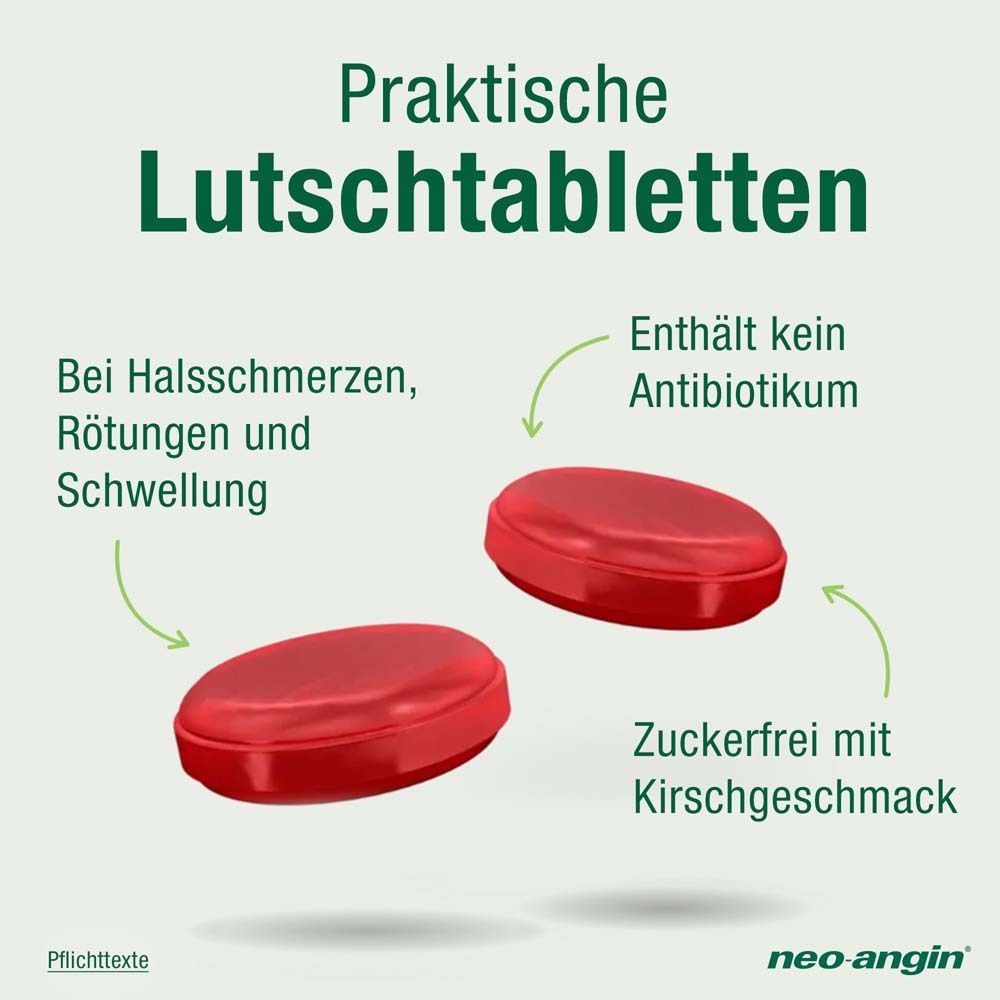 Zwei rote Lutschtabletten. Zuckerfrei mit Kirschgeschmack. Bei Halsschmerzen, Rötung und Schwellung.