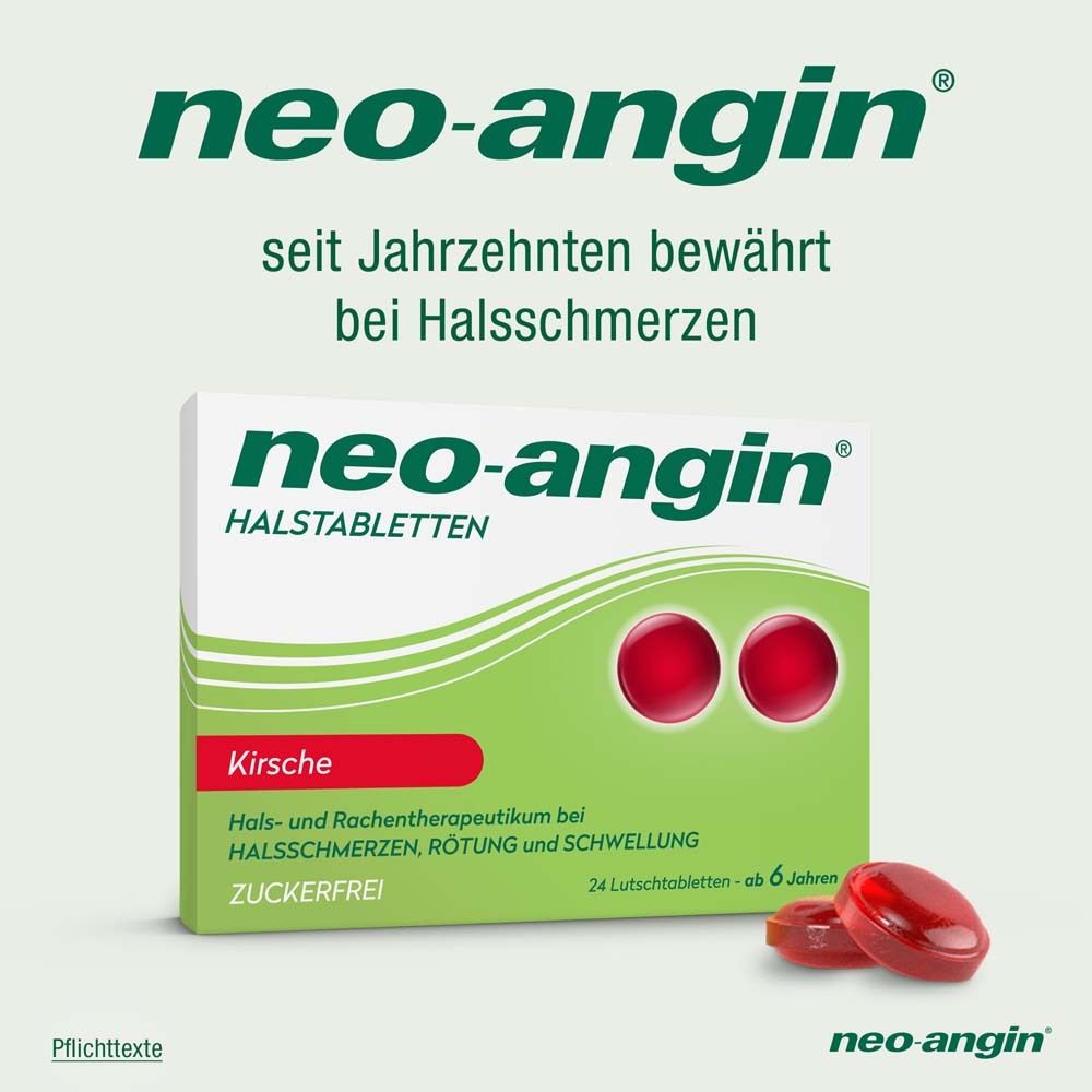 Packung neo-angin Halstabletten Kirsche zuckerfrei. Rote Lutschtabletten daneben.