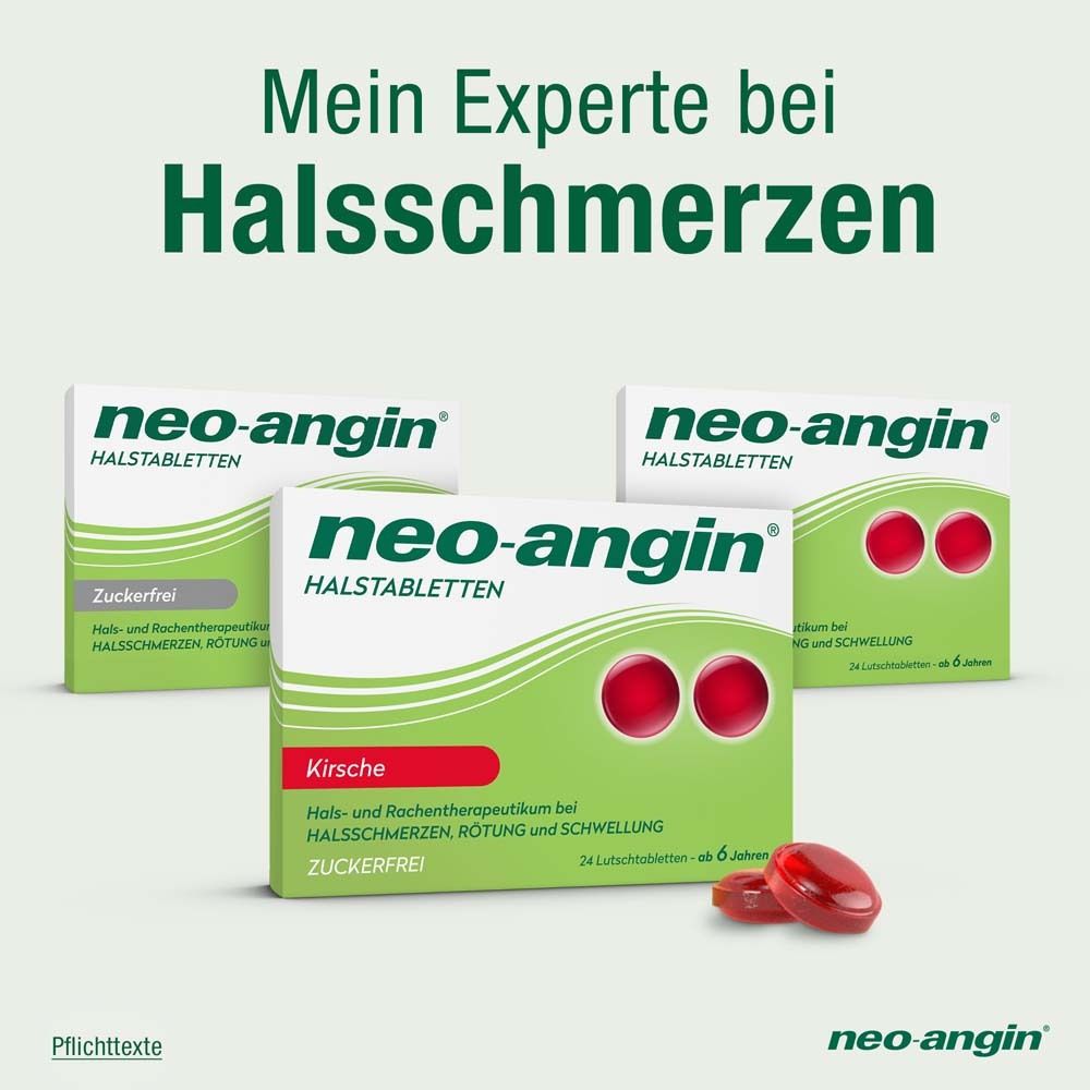 Drei Packungen neo-angin Halstabletten Kirsche zuckerfrei. Rote Lutschtabletten daneben.