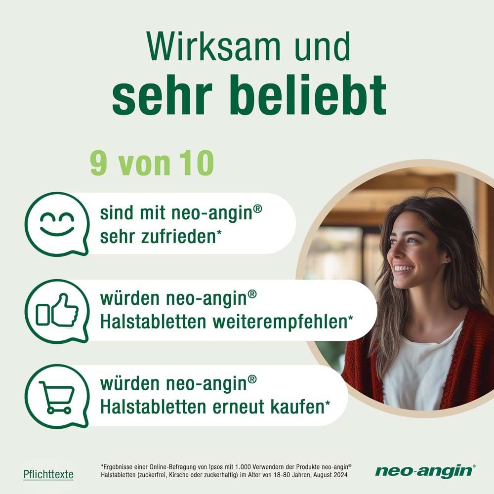 Grafik mit drei Sprechblasen. Text: 9 von 10 sind mit neo-angin sehr zufrieden. Würden neo-angin Halstabletten weiterempfehlen. Würden neo-angin erneut kaufen.