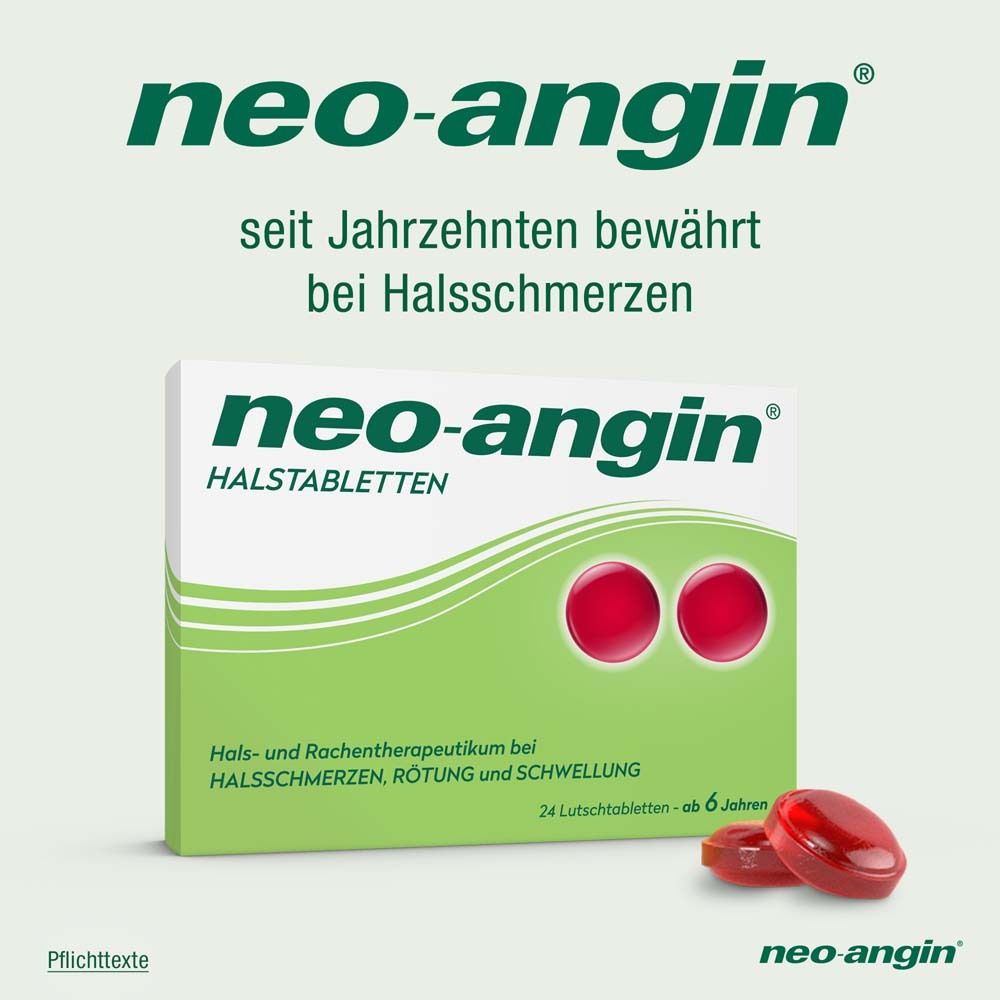 Packung neo-angin Halstabletten und zwei rote Lutschtabletten. Text: neo-angin, seit Jahrzehnten bewährt bei Halsschmerzen.