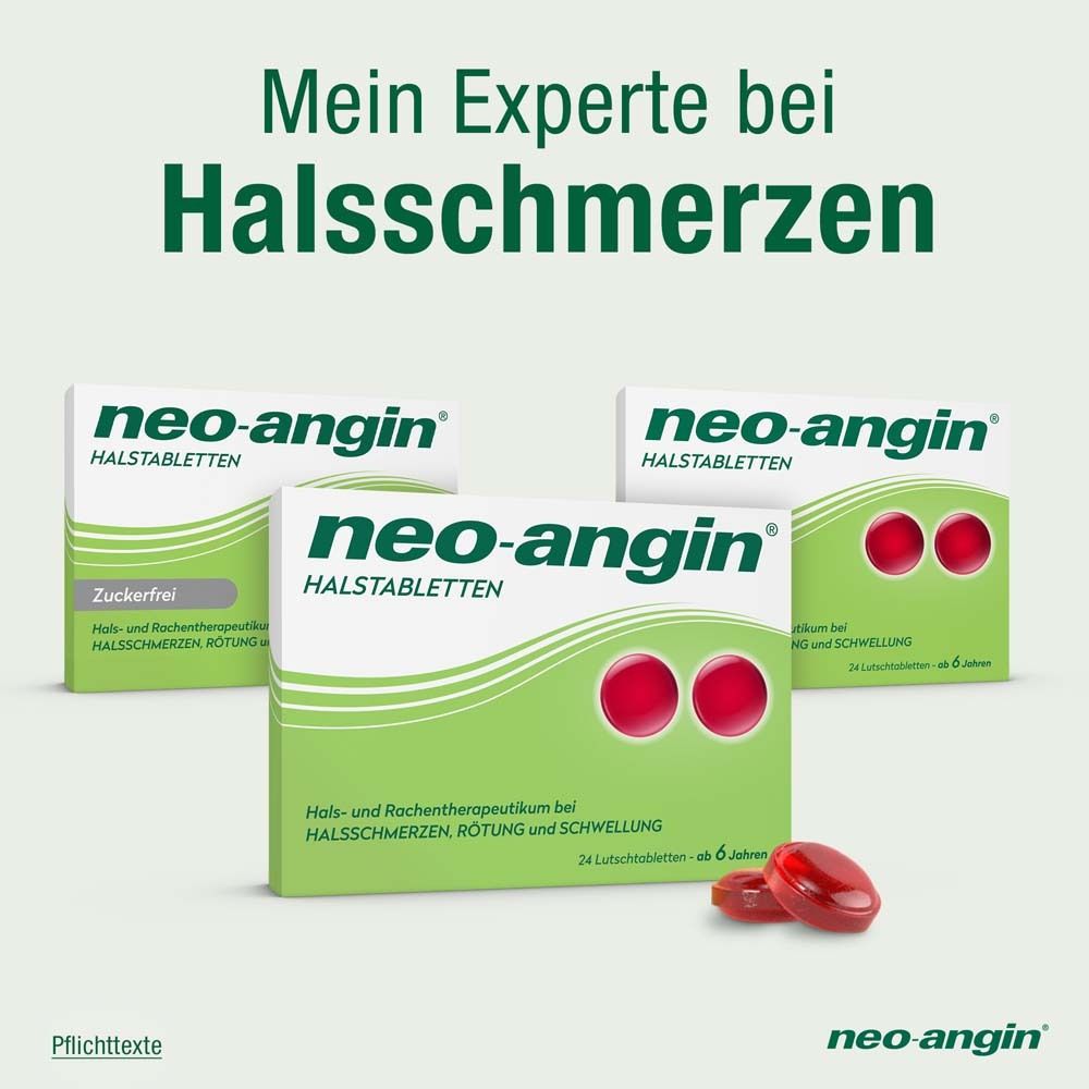 Drei Packungen neo-angin Halstabletten und zwei rote Lutschtabletten. Text: Mein Experte bei Halsschmerzen.