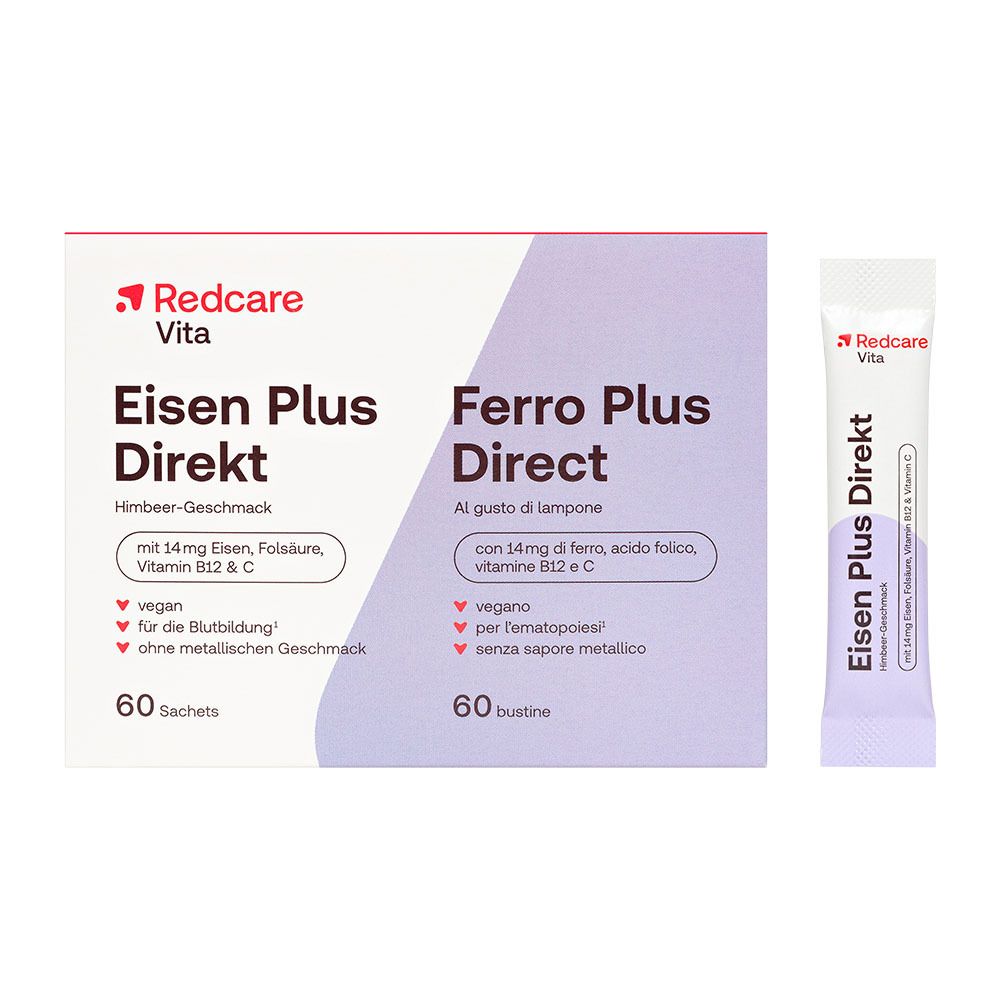Packung und Sachet Redcare Vita Eisen Plus Direkt. 60 Sachets. Himbeer-Geschmack.