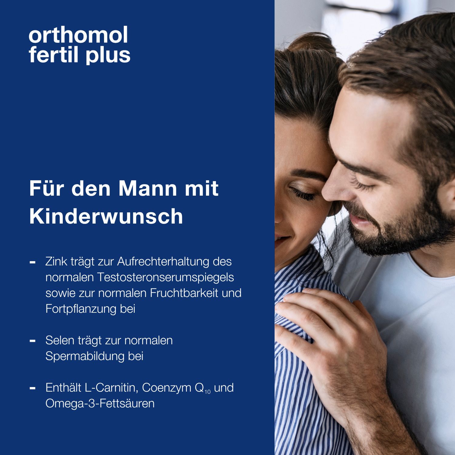 Mann und Frau umarmen sich. Text: Für den Mann mit Kinderwunsch.