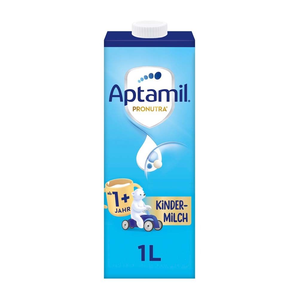 Aptamil Kindermilch 1+ trinkfertig. Blaue Verpackung mit weißem Deckel. Aufdrucke: Aptamil, 1L, Kindermilch, 1+ Jahr.