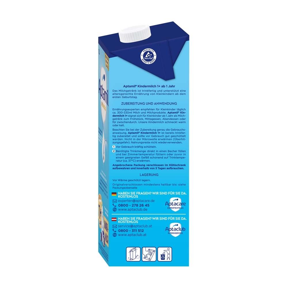 Rückseite der Aptamil Kindermilch 1+ Verpackung. Textinformationen zu Zubereitung, Anwendung und Lagerung. Kontaktinformationen.