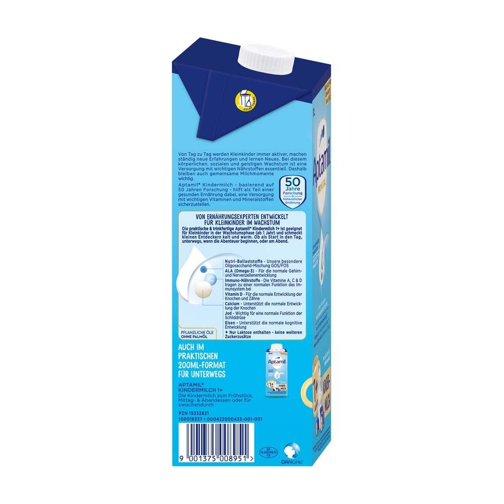 Rückseite der Aptamil Kindermilch 1+ Verpackung. Textinformationen zu Inhaltsstoffen und Nährwerten. Logo und Zertifizierungen.