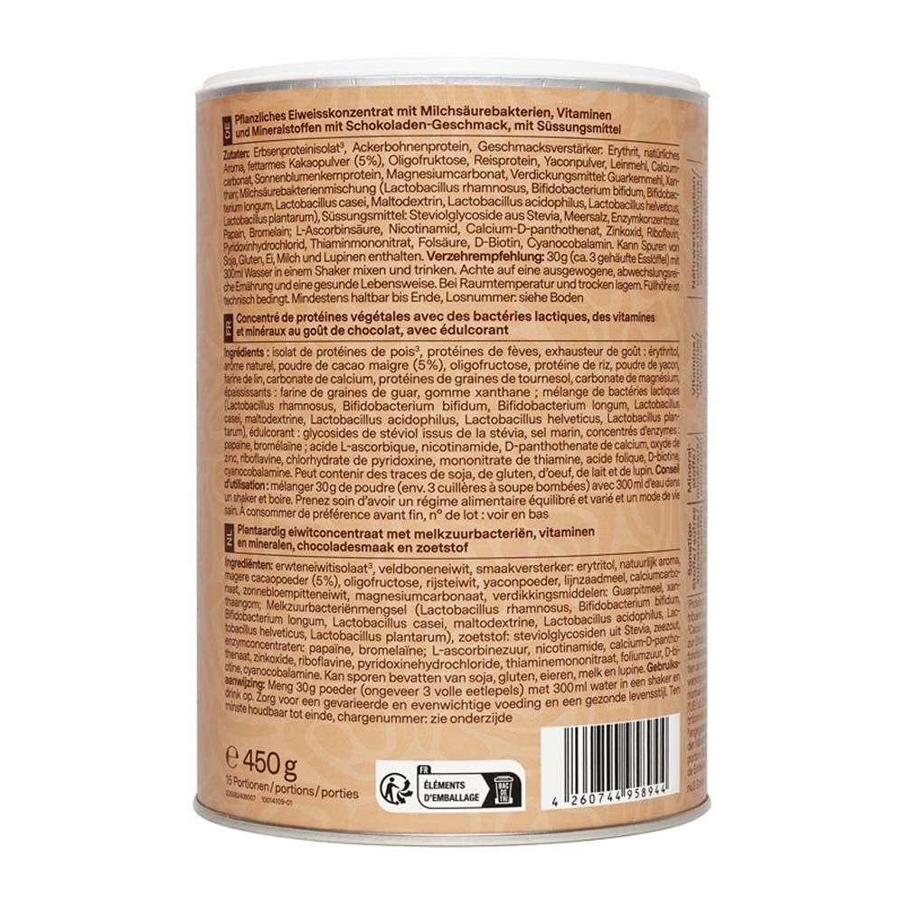 Rückseite der Dose. Zutatenliste, Nährwertangaben, und Verzehrempfehlung. Text in Deutsch und Französisch. 450g. 15 Portionen.