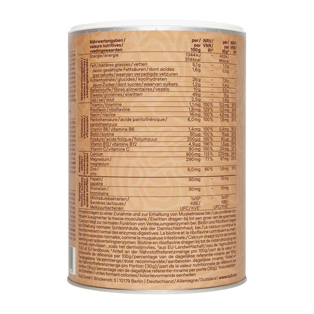 Nährwertangaben auf der Dose. Angaben pro 100g und pro Portion. Tabelle mit Energie, Fett, Kohlenhydrate, Eiweiß, etc.