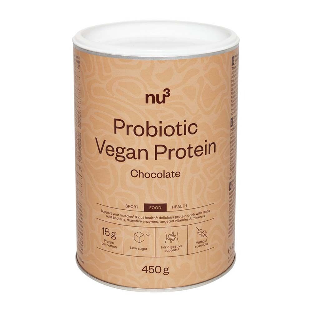Braune Dose mit weißem Deckel. Aufschrift: nu3 Probiotic Vegan Protein Chocolate. 15g Protein pro Portion, 450g.