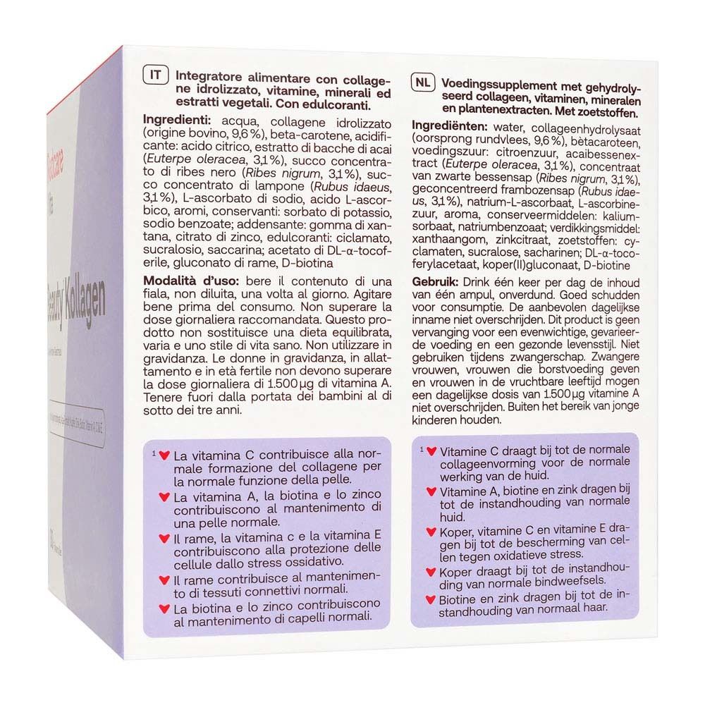 Rückseite der Packung Redcare Vita Beauty Kollagen. Inhaltsstoffe, Anwendungshinweise.