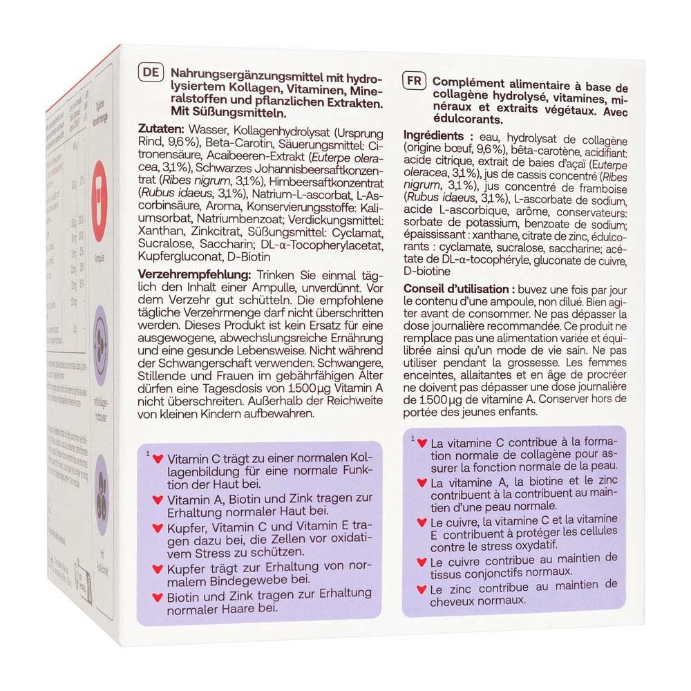 Infografik. Enthält Nährwertangaben und Informationen zu Inhaltsstoffen. Abbildung einer Frau mit Haut.