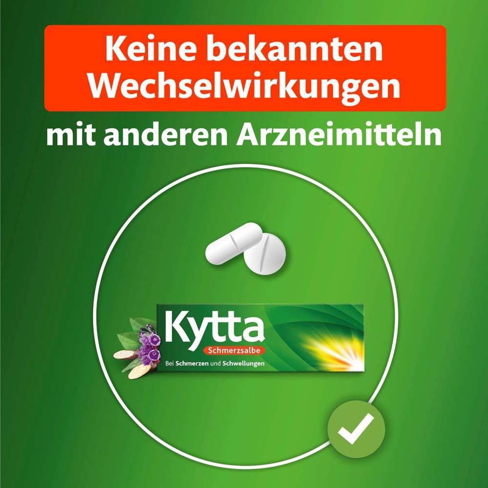 Tabletten und Kytta Schmerzsalbe. Text: Keine bekannten Wechselwirkungen mit anderen Arzneimitteln. Grüner Hintergrund.