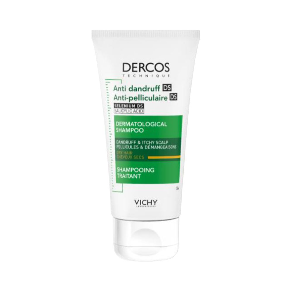 Weiß-grüne Tube. Aufschrift: Dercos Technique, Anti-Schuppen Shampoo, Dermatological Shampoo, Vichy.