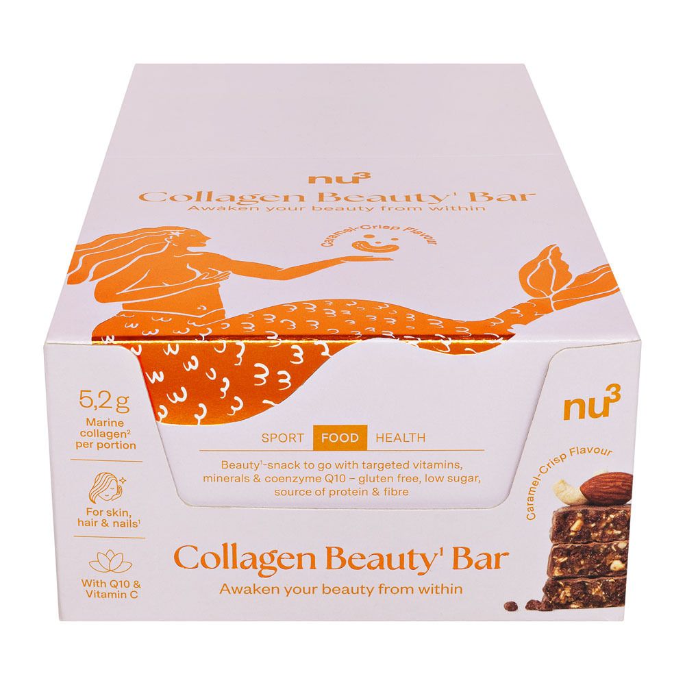 Weiße Schachtel mit Collagen Beauty Bar. Aufgedruckte Illustration einer Meerjungfrau. Produktname und Zutaten.