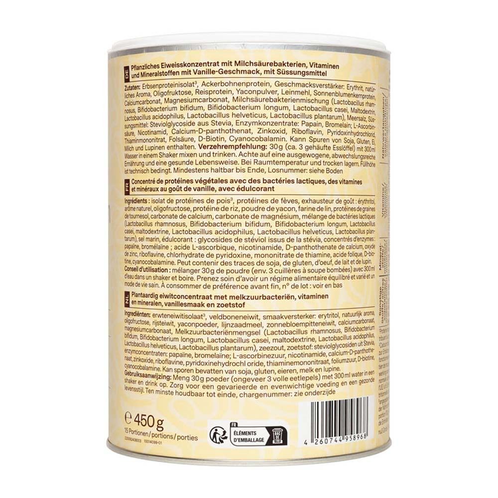 Rückseite der Dose mit Zutatenliste und Nährwertangaben. Text in Deutsch, Französisch und Niederländisch.