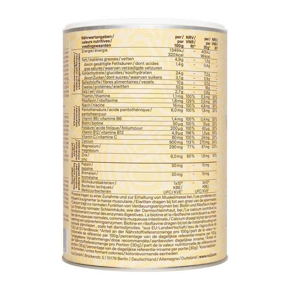 Rückseite der Dose mit Nährwertangaben. Text in Deutsch, Französisch und Niederländisch.