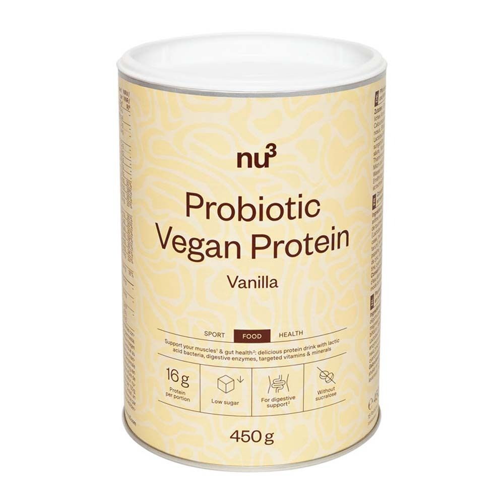 Zylindrische Dose mit "nu3 Probiotic Vegan Protein Vanilla". Gelbe Dose mit weißen Deckel. 450g.