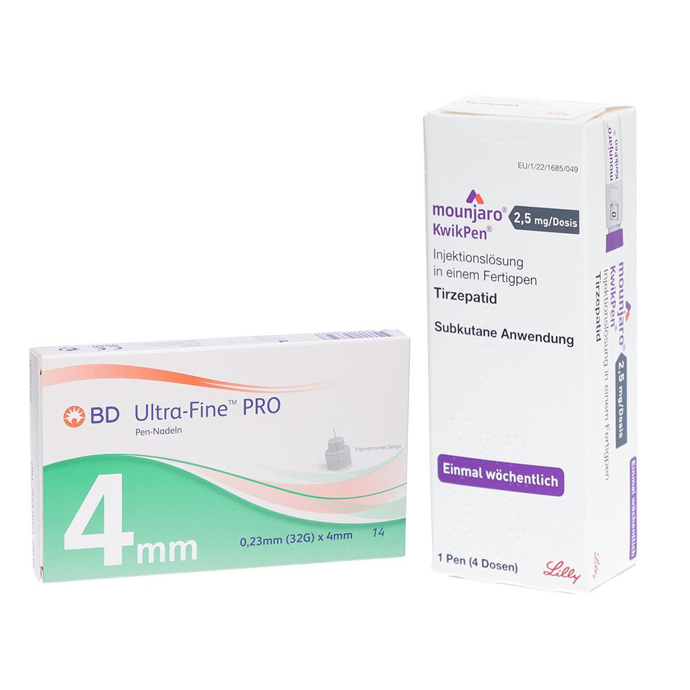 Zwei Produktverpackungen. Eine Schachtel mit BD Ultra-Fine PRO Pen-Nadeln, 4 mm. Daneben eine Packung mit Mounjaro KwikPen 2,5 mg/Dosis.