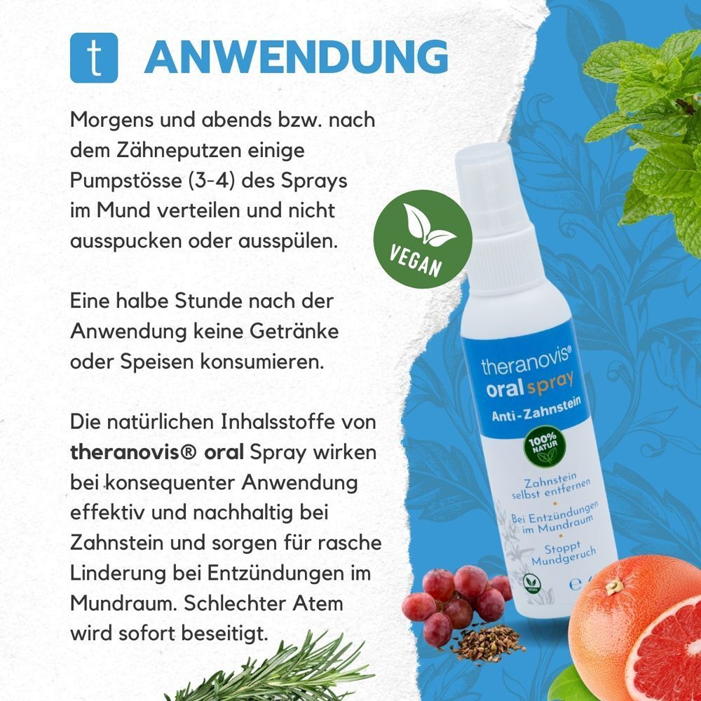 Anwendungshinweise für Theranovis® Oral Spray mit veganem Siegel und einer Sprühflasche.